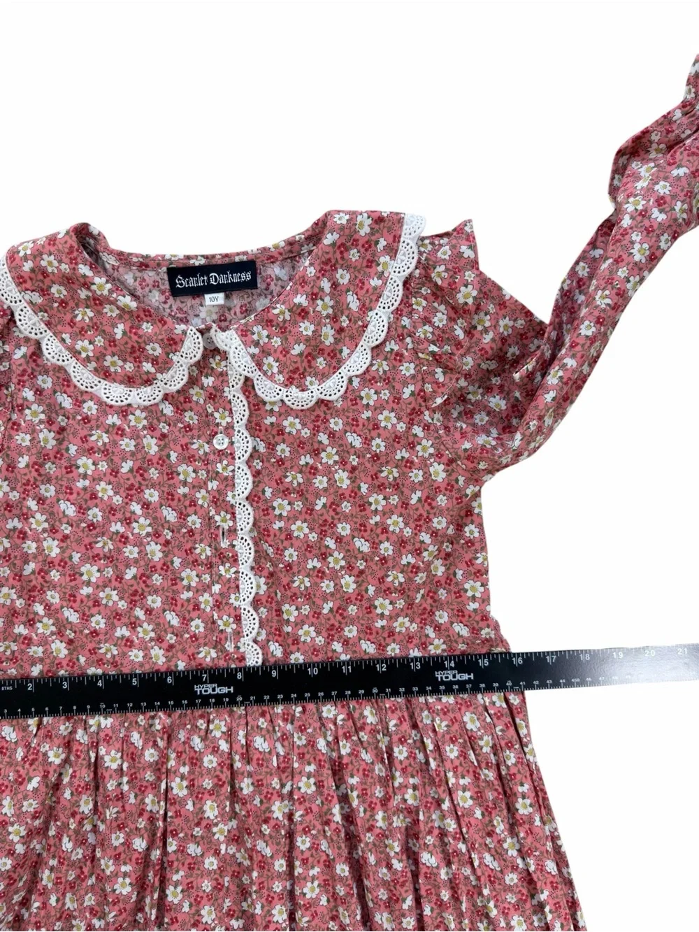 Scarlet Darkness Vintage-Style Red Floral Kids Nightgown Lace Collar Size 10Y